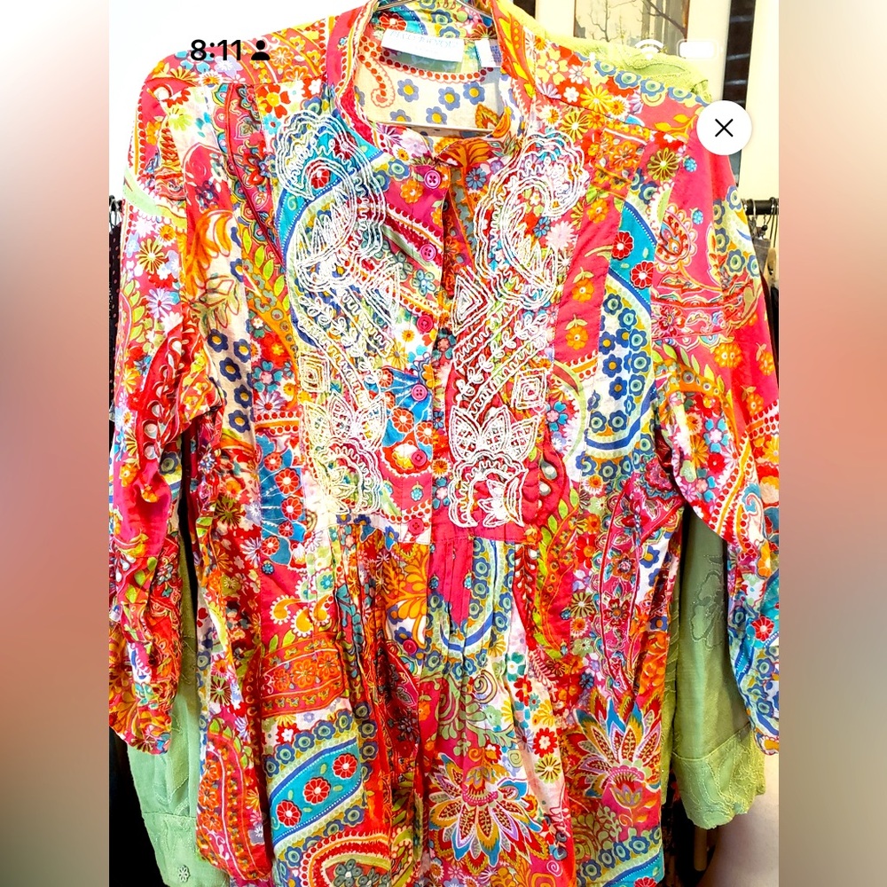 M195 // Bleu Bayou 100% Cotton Multicolored Floral Print Button Front Shirt // L - Picture 2 of 7